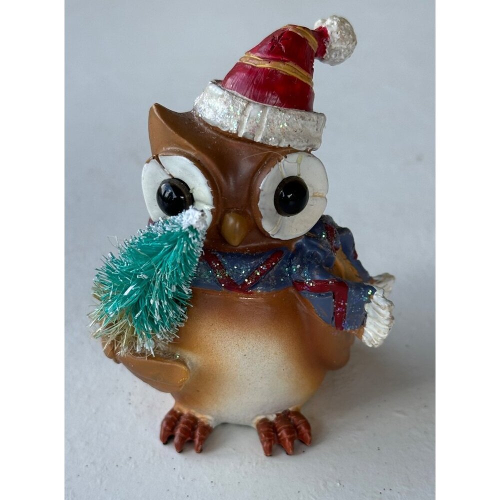 Christmas Owl w/Winter Hat & Scarf Ceramic Figurine 3" Tall-READ
